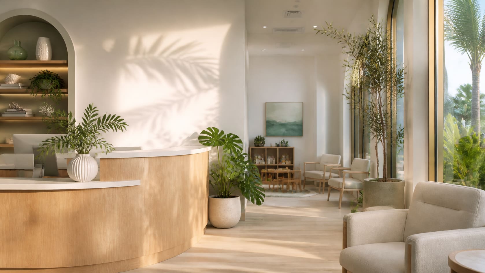 The bright reception area of Brisa Family Dental with warm wood, plants and morning light