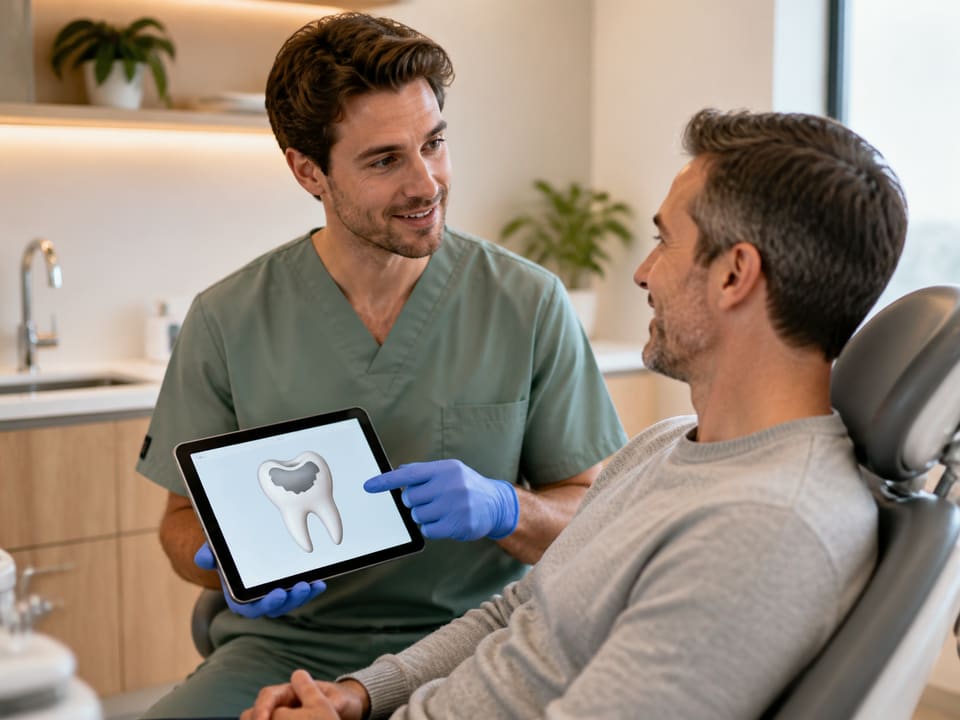 A dentist showing a patient their treatment plan on a tablet