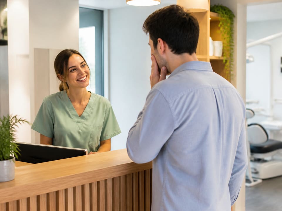 A dentist reassuring a patient in a calm treatment room