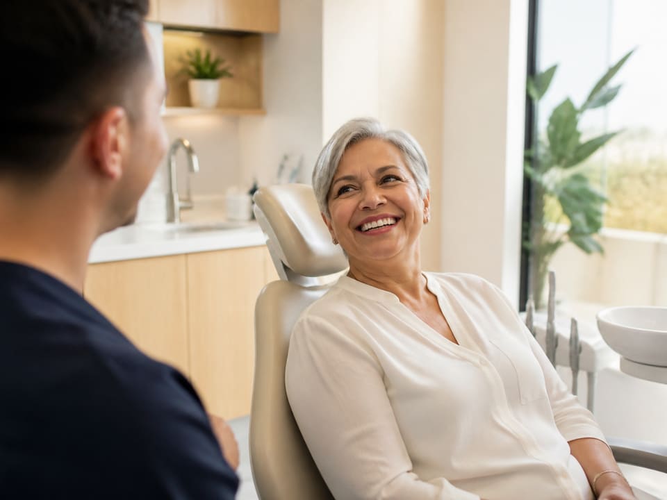 A patient laughing in the dental chair after a visit