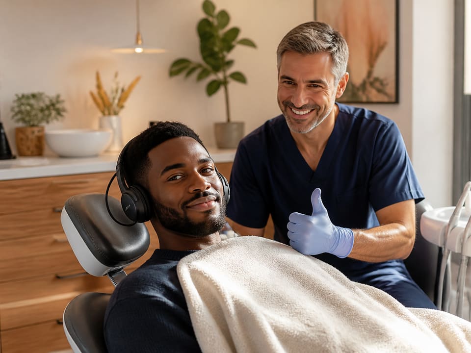 A calm patient resting in a comfortable dental chair