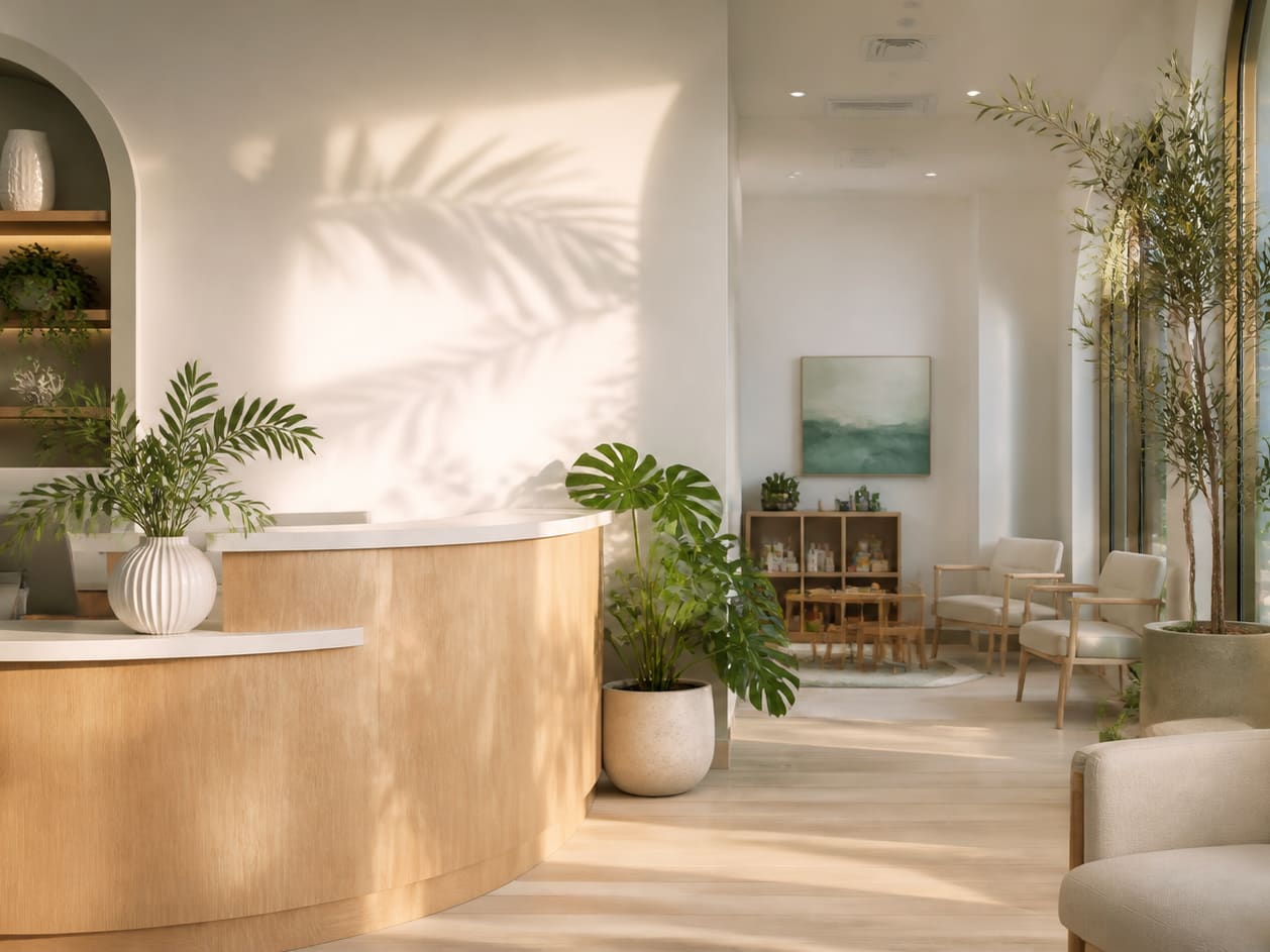 The reception desk at Brisa Family Dental, with warm wood, plants and morning light
